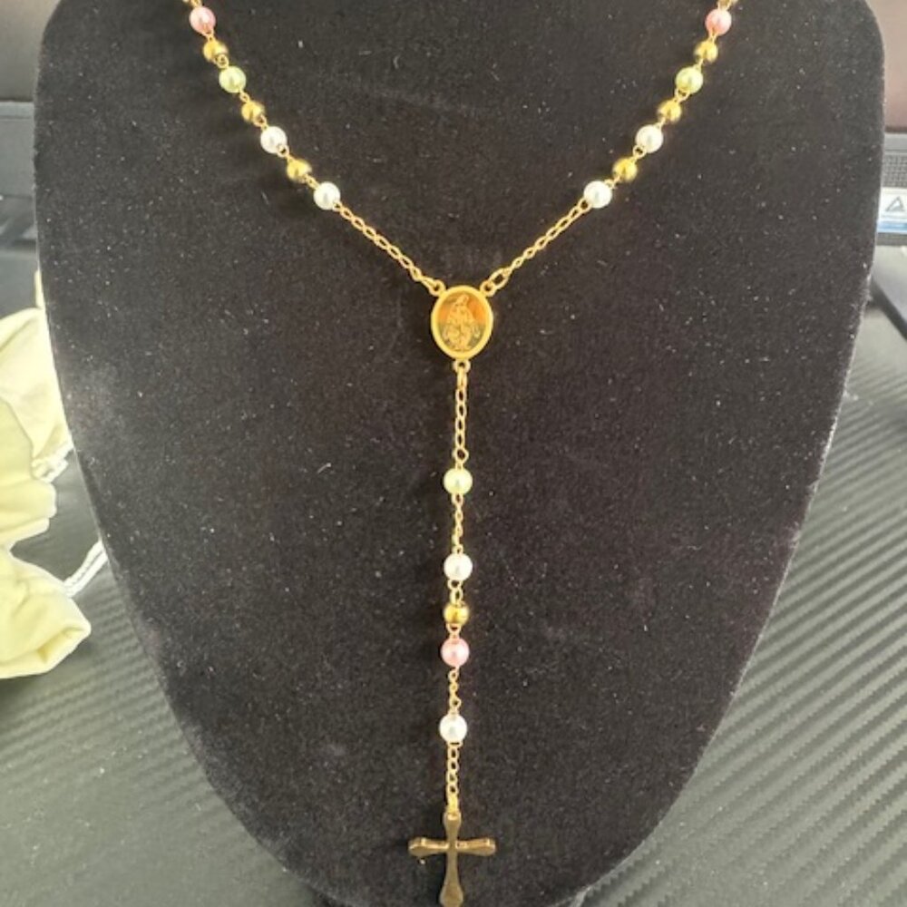 Full Rosary Necklace – Gold with Light Color Beads/ 3mm beads